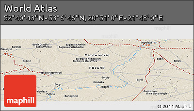 Shaded Relief Panoramic Map of the Area around 52° 53' 45" N, 21° 19' 30" E