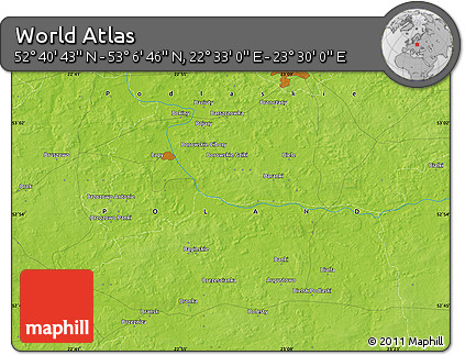 Physical Map of the Area around 52° 53' 45" N, 23° 1' 29" E
