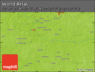 Physical Map of the Area around 52° 53' 45" N, 23° 1' 29" E