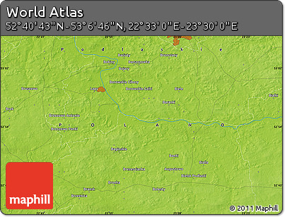 Physical Map of the Area around 52° 53' 45" N, 23° 1' 29" E