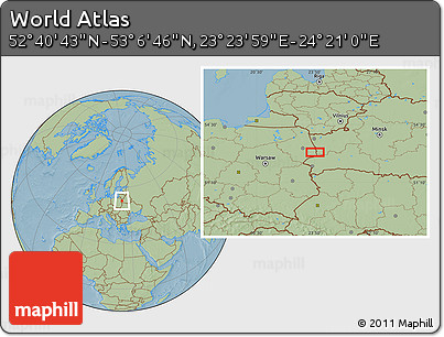 Savanna Style Location Map of the Area around 52° 53' 45" N, 23° 52' 30" E, hill shading
