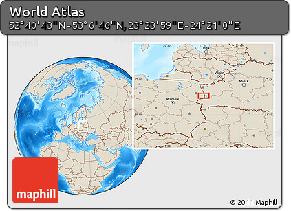 Shaded Relief Location Map of the Area around 52° 53' 45" N, 23° 52' 30" E