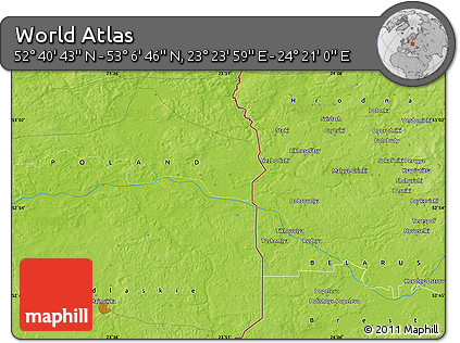 Physical Map of the Area around 52° 53' 45" N, 23° 52' 30" E