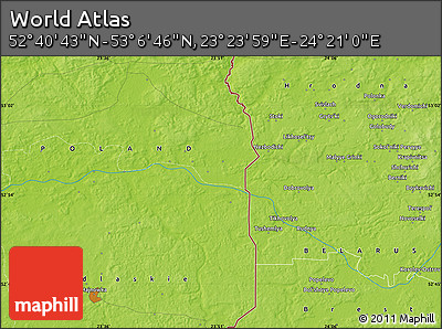 Physical Map of the Area around 52° 53' 45" N, 23° 52' 30" E