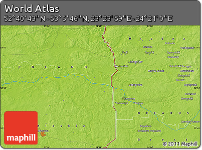 Physical Map of the Area around 52° 53' 45" N, 23° 52' 30" E