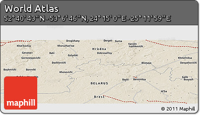 Shaded Relief Panoramic Map of the Area around 52° 53' 45" N, 24° 43' 30" E