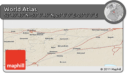Shaded Relief Panoramic Map of the Area around 52° 53' 45" N, 25° 34' 30" E