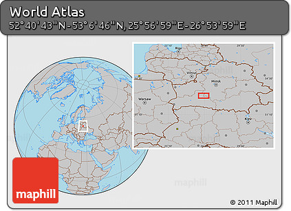 Gray Location Map of the Area around 52° 53' 45" N, 26° 25' 29" E