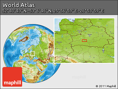 Physical Location Map of the Area around 52° 53' 45" N, 26° 25' 29" E