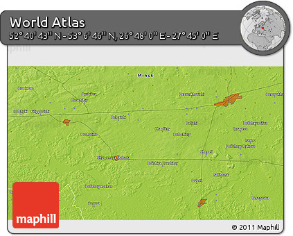 Physical 3D Map of the Area around 52° 53' 45" N, 27° 16' 29" E
