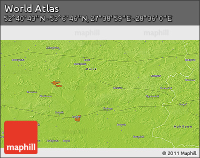 Physical 3D Map of the Area around 52° 53' 45" N, 28° 7' 30" E
