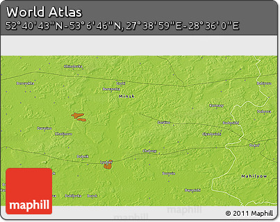 Physical 3D Map of the Area around 52° 53' 45" N, 28° 7' 30" E
