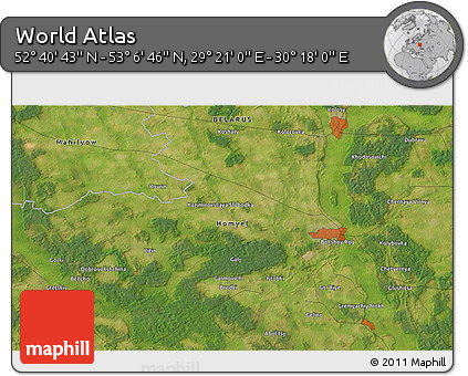 Satellite 3D Map of the Area around 52° 53' 45" N, 29° 49' 30" E