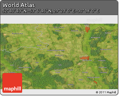 Satellite 3D Map of the Area around 52° 53' 45" N, 29° 49' 30" E