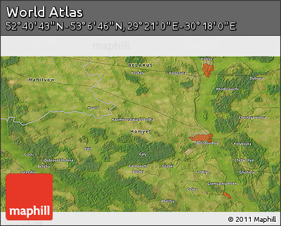 Satellite 3D Map of the Area around 52° 53' 45" N, 29° 49' 30" E