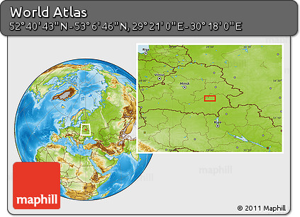 Physical Location Map of the Area around 52° 53' 45" N, 29° 49' 30" E