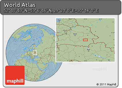 Savanna Style Location Map of the Area around 52° 53' 45" N, 29° 49' 30" E, hill shading