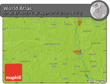 Physical Map of the Area around 52° 53' 45" N, 29° 49' 30" E