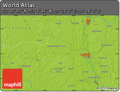 Physical Map of the Area around 52° 53' 45" N, 29° 49' 30" E