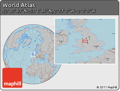 Gray Location Map of the Area around 52° 53' 45" N, 2° 28' 30" W, hill shading