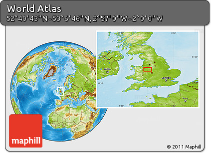 Physical Location Map of the Area around 52° 53' 45" N, 2° 28' 30" W