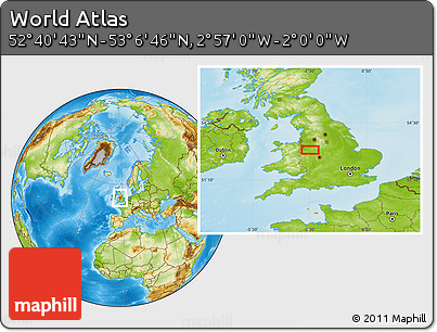 Physical Location Map of the Area around 52° 53' 45" N, 2° 28' 30" W