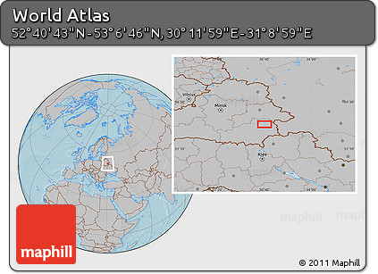 Gray Location Map of the Area around 52° 53' 45" N, 30° 40' 29" E, hill shading