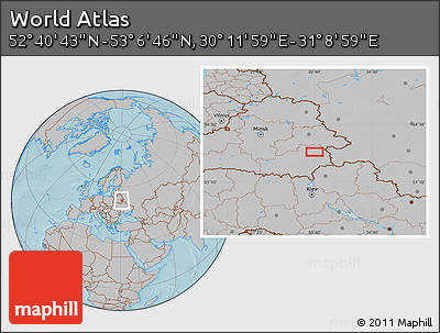 Gray Location Map of the Area around 52° 53' 45" N, 30° 40' 29" E, hill shading