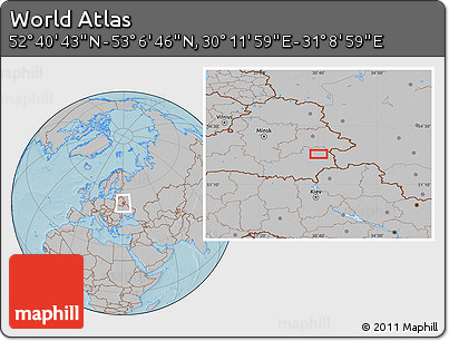 Gray Location Map of the Area around 52° 53' 45" N, 30° 40' 29" E, hill shading