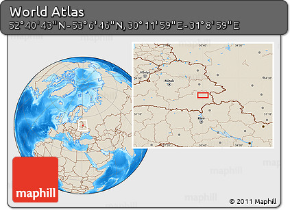 Shaded Relief Location Map of the Area around 52° 53' 45" N, 30° 40' 29" E