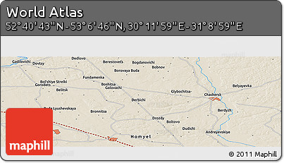 Shaded Relief Panoramic Map of the Area around 52° 53' 45" N, 30° 40' 29" E