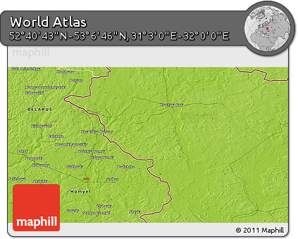 Physical 3D Map of the Area around 52° 53' 45" N, 31° 31' 29" E