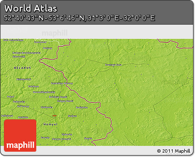 Physical 3D Map of the Area around 52° 53' 45" N, 31° 31' 29" E