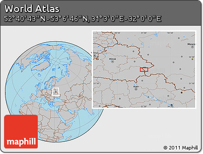 Gray Location Map of the Area around 52° 53' 45" N, 31° 31' 29" E