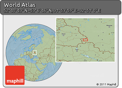 Savanna Style Location Map of the Area around 52° 53' 45" N, 32° 22' 30" E, hill shading