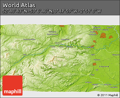 Physical 3D Map of the Area around 52° 53' 45" N, 3° 19' 30" W