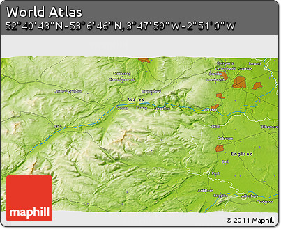 Physical 3D Map of the Area around 52° 53' 45" N, 3° 19' 30" W