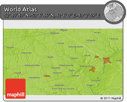 Physical 3D Map of the Area around 52° 53' 45" N, 42° 34' 30" E
