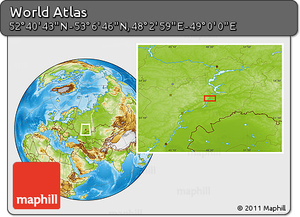 Physical Location Map of the Area around 52° 53' 45" N, 48° 31' 29" E