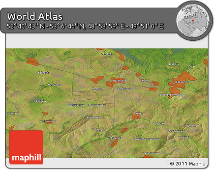 Satellite 3D Map of the Area around 52° 53' 45" N, 49° 22' 30" E