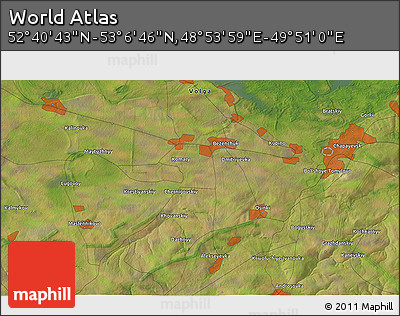 Satellite 3D Map of the Area around 52° 53' 45" N, 49° 22' 30" E