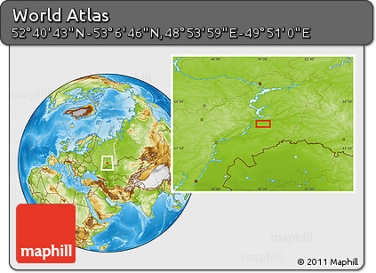 Physical Location Map of the Area around 52° 53' 45" N, 49° 22' 30" E