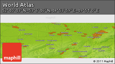 Physical Panoramic Map of the Area around 52° 53' 45" N, 49° 22' 30" E