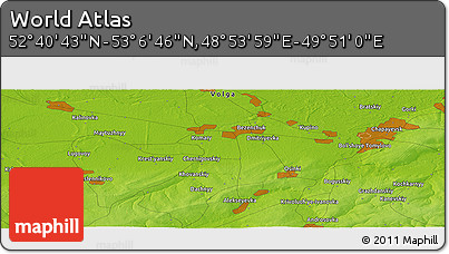 Physical Panoramic Map of the Area around 52° 53' 45" N, 49° 22' 30" E