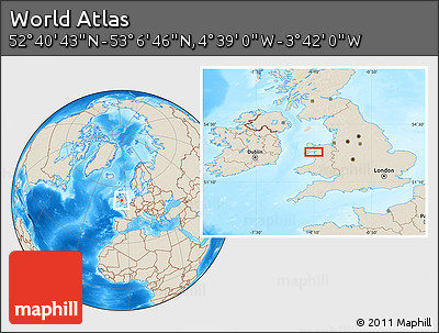 Shaded Relief Location Map of the Area around 52° 53' 45" N, 4° 10' 30" W