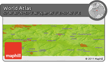 Physical Panoramic Map of the Area around 52° 53' 45" N, 50° 13' 30" E