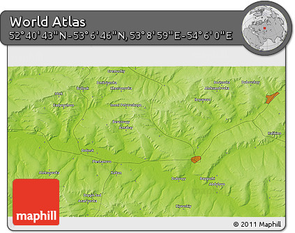 Physical 3D Map of the Area around 52° 53' 45" N, 53° 37' 30" E