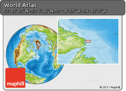 Physical Location Map of the Area around 52° 53' 45" N, 55° 10' 29" W