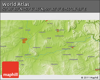 Physical 3D Map of the Area around 52° 53' 45" N, 56° 10' 29" E