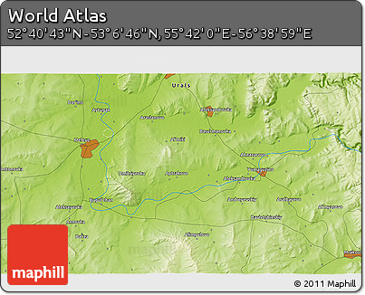 Physical 3D Map of the Area around 52° 53' 45" N, 56° 10' 29" E